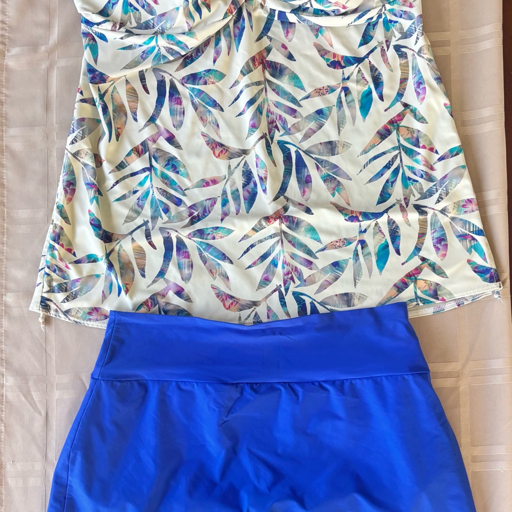Leaf Print Tankini Top With Royal Blue Swim Skirt